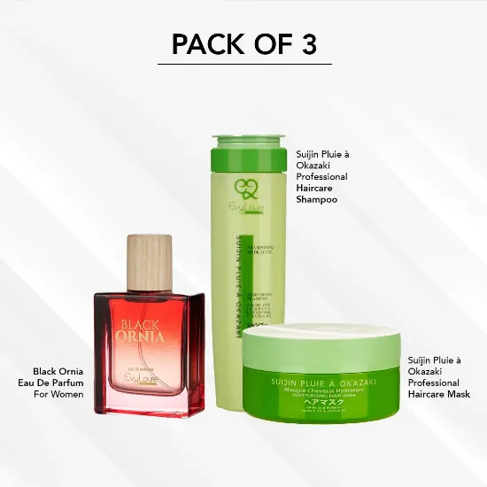 Picture of Suijin Plui A Okazaki Intensive Moisturizing Treatment Professional Hair Care Kit with Black Ornia Women's Perfume Gift